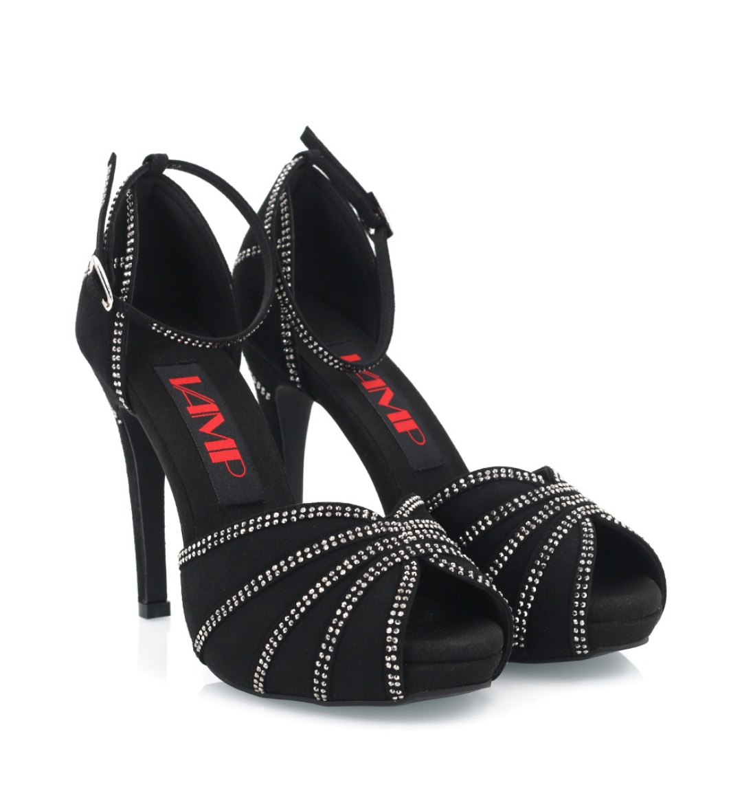 Side profile of FATALE showing 4.5 inch stiletto heel and silver crystal detail