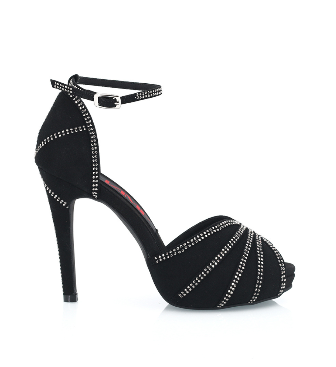 FATALE black crystal d'Orsay heel with silver rhinestone sunburst — VAMP After Dark Collection