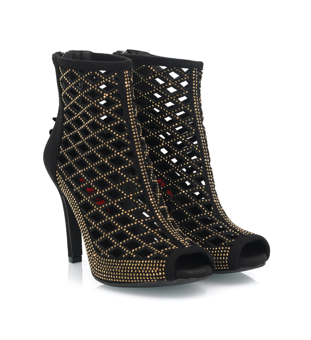 Pair of NOIR shown from front with open diamond cage and gold rhinestone detail