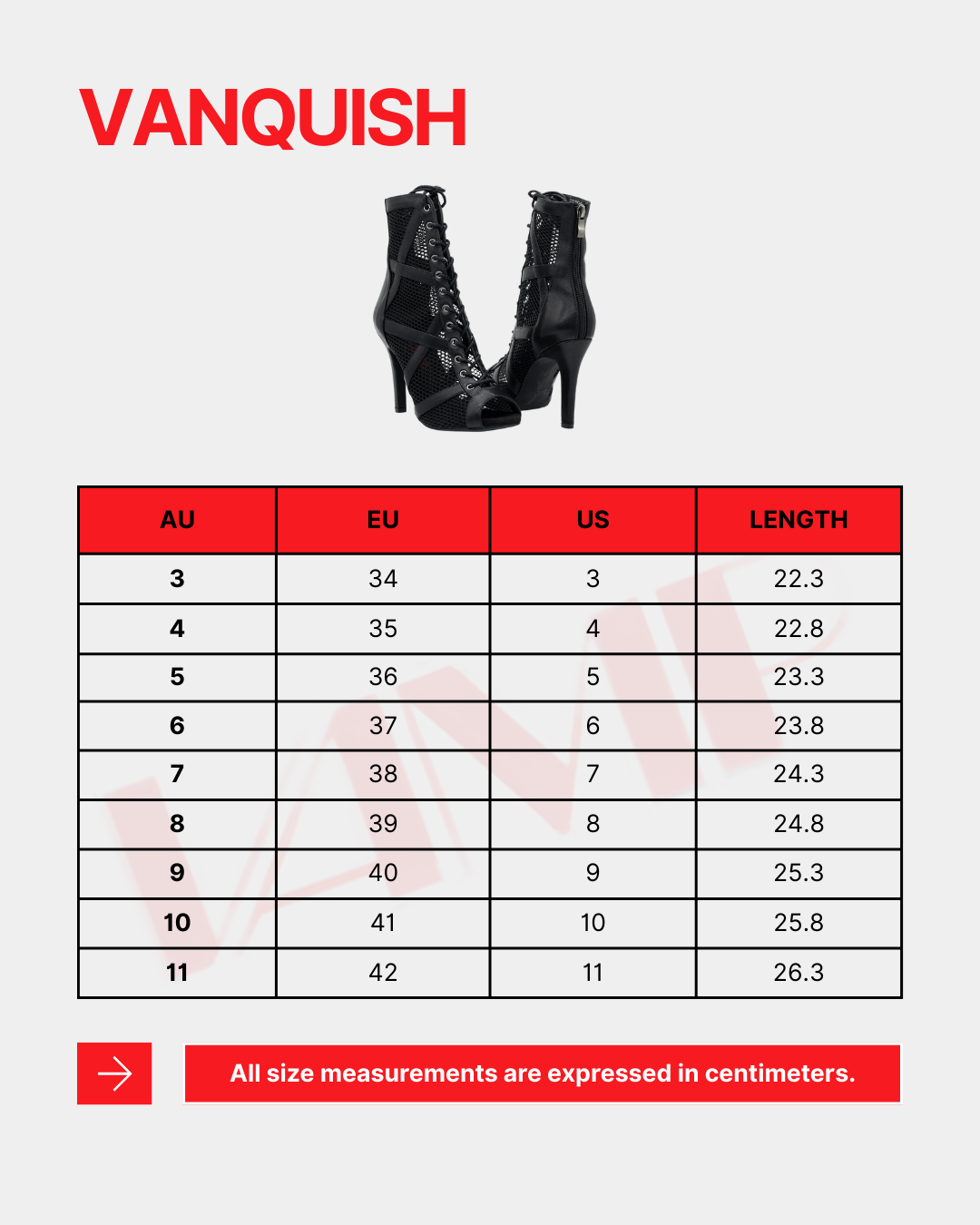 Vanquish shoe size chart with black high-heeled boots on a white background