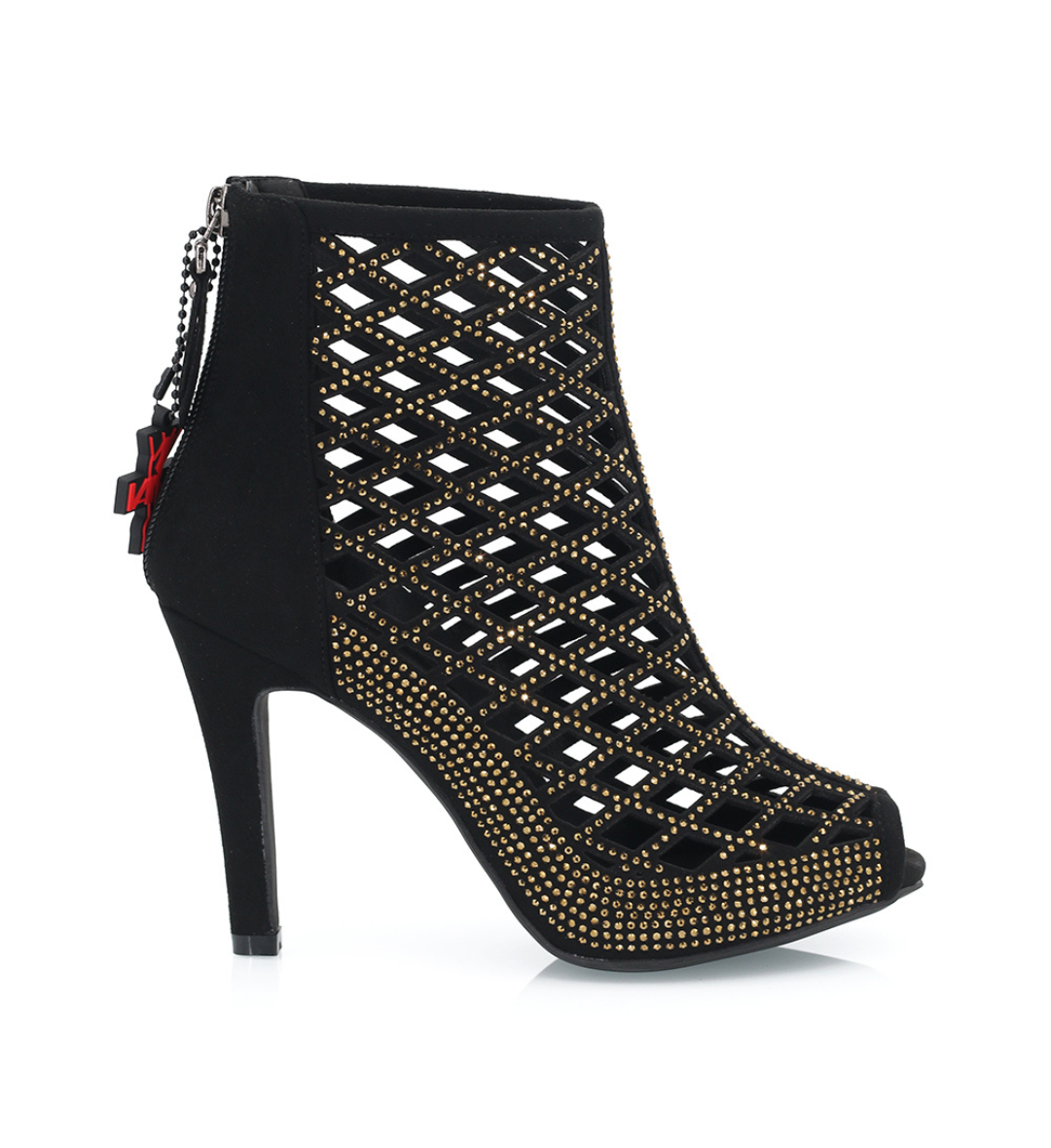 Side profile of NOIR showing 4 inch stiletto heel and gold rhinestone trim